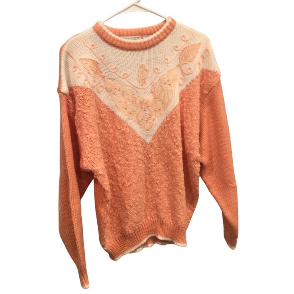 Vtg Maurada Womens Sweater Size Large L Coral‎ White Grannycore Beaded Lace 80s